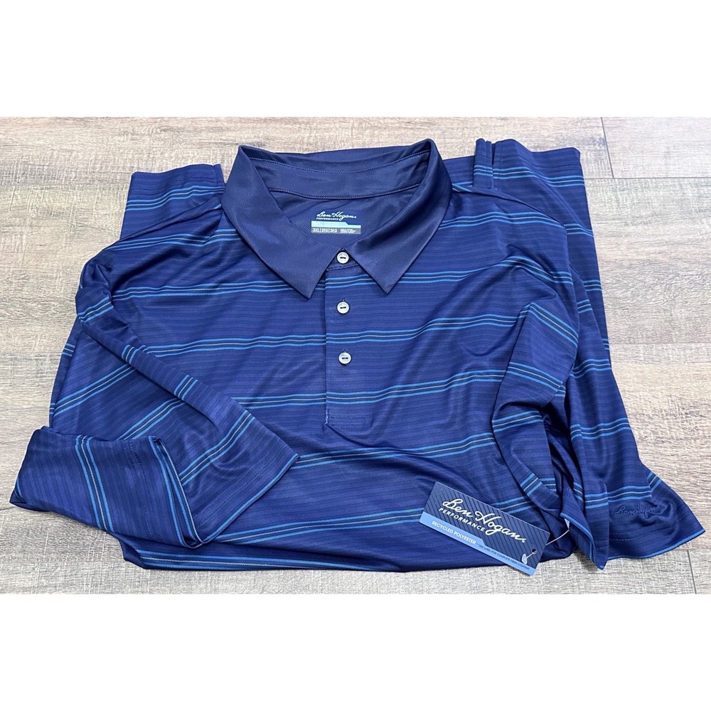 Ben Hogan Performance Mens 3XL Peacoat Blue Striped Polo Shirt UPF 20 NWT